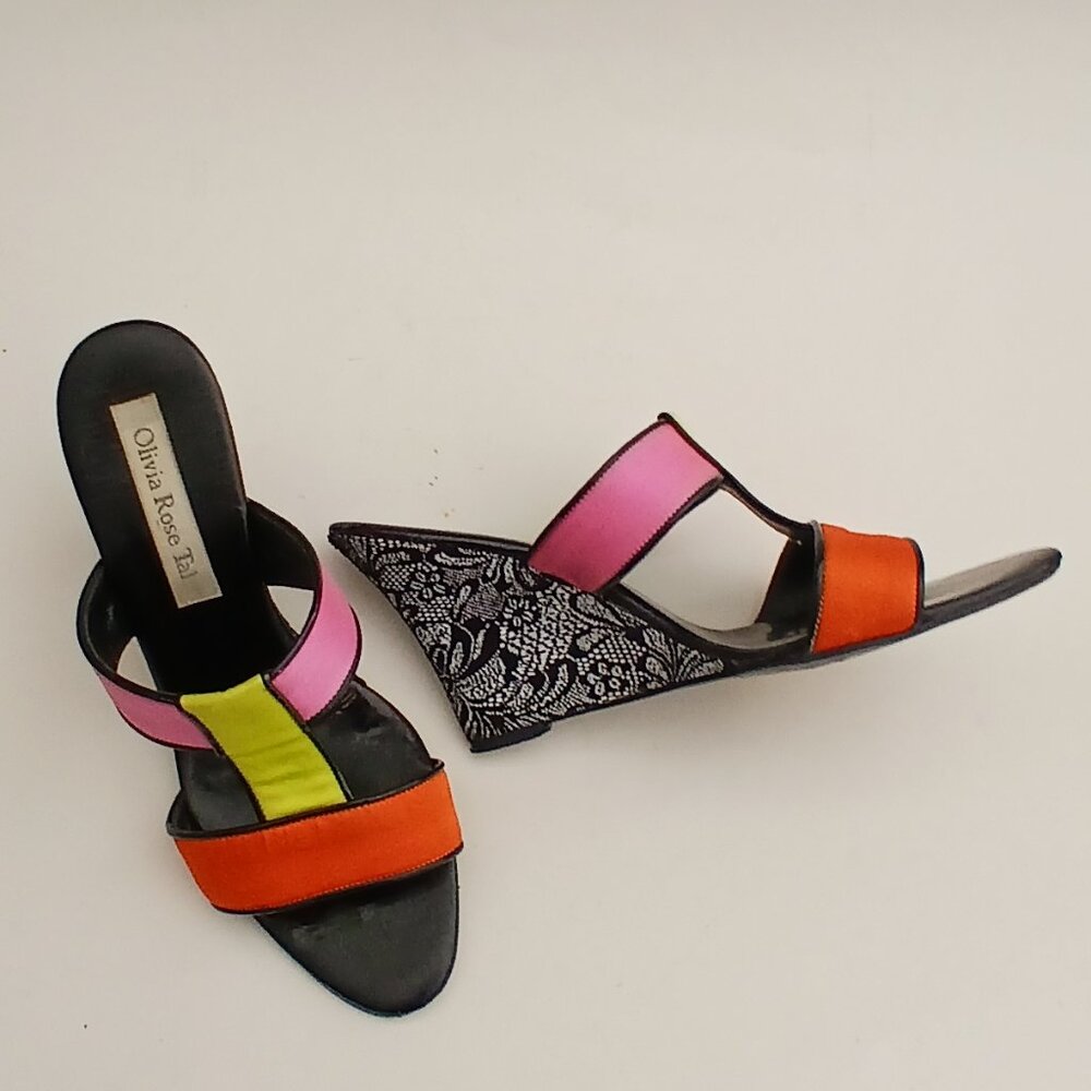 Olivia Rose Tal Open Toe Wedge Heels Mules Size 7 Rare Design Silk Lace Leather